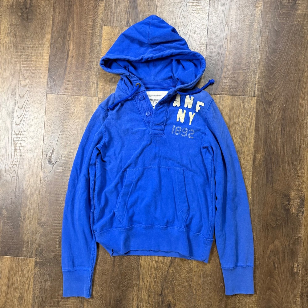 Vintage Y2K Abercrombie & Fitch Men's S Blue 1892 ANF NY Logo Pullover Hoodie